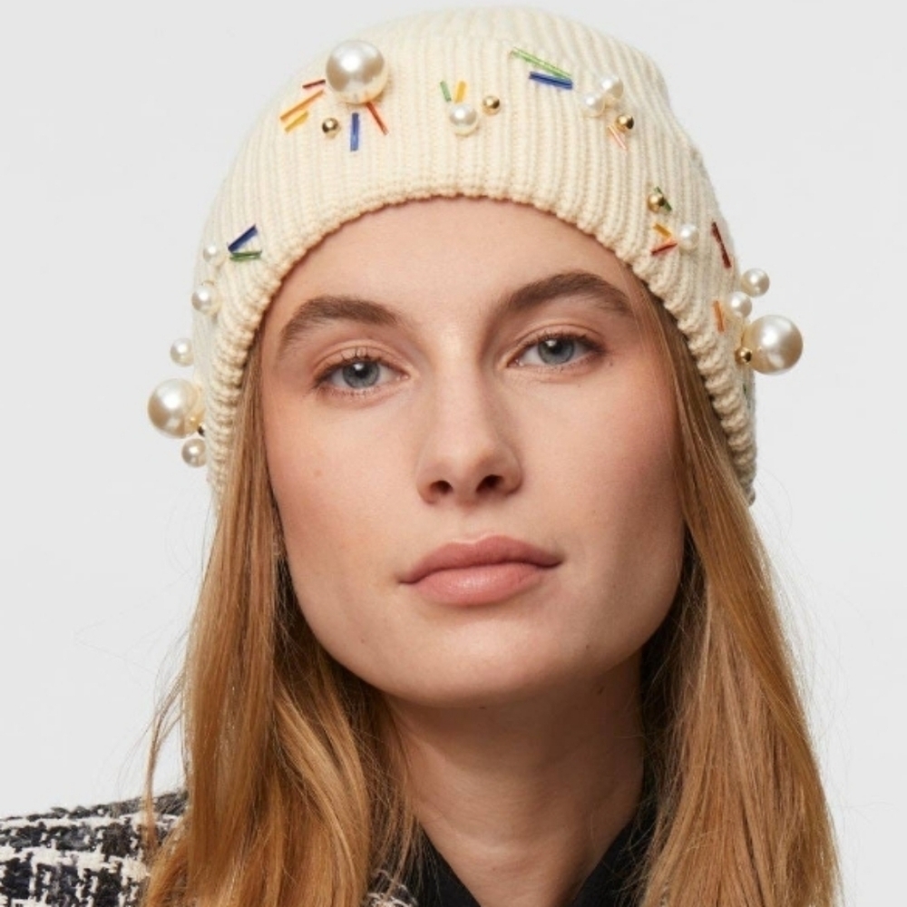 New Lele Sadoughi Pearl Confetti Beanie Hat NWT